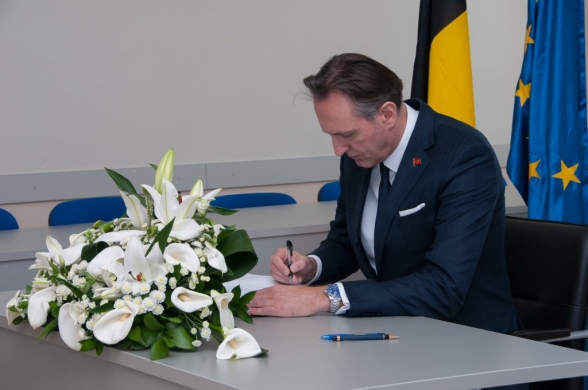 President of the Parliament signs a book of condolences opened following the terrorist attacks in Brussels