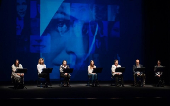 Chairperson and a member of the Gender Equality Committee Ms Nada Drobnjak and Ms Jelisava Kalezić participate in the performance of a documentary play “Seven”